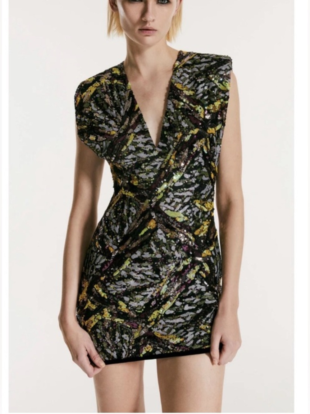 Zara Women's Sleeveless Sequined V‎ Neck Shoulder Pad Mini Dress Size Small